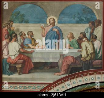 Last Supper. Mural painting by French painter Jean-Hippolyte Flandrin (1856-1863) in the Church of Saint-Germain-des-Prés in Paris, France. Stock Photo