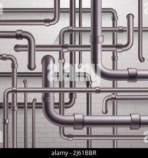 Seamless industrial pipeline pattern on light grey brick wall background realistic vector illustration Stock Vector