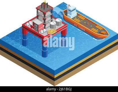 Offshore production platform oil rigs for drilling from seabed and tanker transport isometric icon white background vector illustration Stock Vector