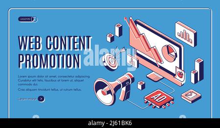 Web content social media promotion web banner, digital marketing, e-commerce, data analysis tool, loudspeaker, column charts on computer screen. adver Stock Vector