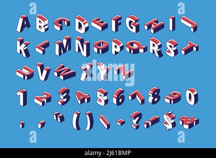 Isometric alphabet, numbers and punctuation with halftone dotted pattern standing and lying in raw on blue background. Abc letters, typography 3d elem Stock Vector