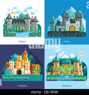 Medieval castles set of various buildings construction in colorful flat style isolated vector illustration Stock Vector