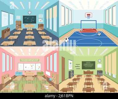 Isometric school 2x2 compositions presenting different classrooms for maths art and literature and sportroom vector illustration Stock Vector