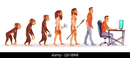 Human evolution of monkey to modern man programmer, computer user isolated on white background. Male character evolve steps from ape to upright homo s Stock Vector