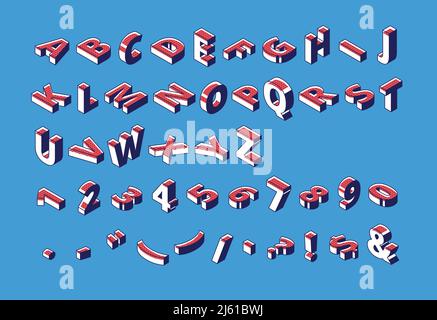 Isometric alphabet, abc, numbers and punctuation. Capital letters, typography with dotted halftone pattern standing and lying on blue background. 3d e Stock Vector