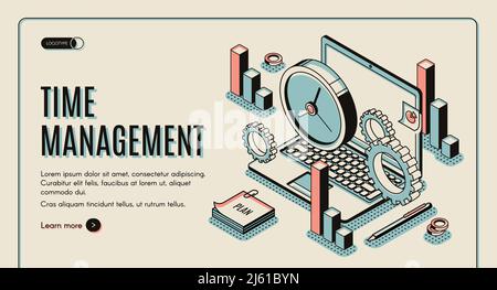 Time management landing page. Laptop with office gears and watches, task prioritizing, organization for effective productivity. Optimization planning Stock Vector