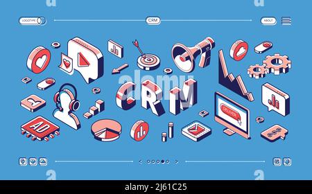 CRM, customer relationship management isometric web banner, business internet technology accounting system, clients support deal, organization of data Stock Vector