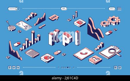 KPI key performance indicators isometric landing page, business strategy and analysis design on blue halftone background. Company management, growth i Stock Vector