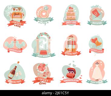 Nostalgic romantic marriage emblems stickers set for presents decoration and ceremony party invitation abstract isolated vector illustration Stock Vector