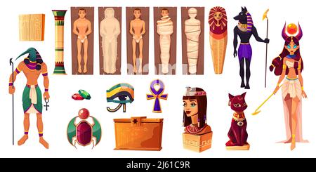 Egyptian gods Thoth and Hathor. Ancient attributes of culture and religion set. Egypt deities and obsequies ritual items. Scarabaeus, Pharaoh tomb wit Stock Vector