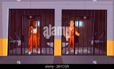 Prisoners in prison jail. People in orange jumpsuits in cell. Arrested convict male characters standing behind of metal bars. Life in jailhouse. Polic Stock Vector