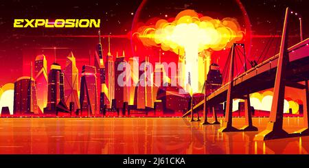 Nuclear explosion in city metropolis. Couple stand on bridge watching on fiery mushroom cloud of atomic bomb detonation raising under skyscrapers buil Stock Vector