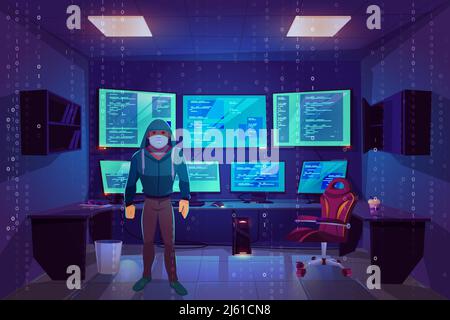 Hacker anonymous in mask in server room with multiple computer monitors displaying secret information. Office with pc screens, matrix cybercrime with Stock Vector
