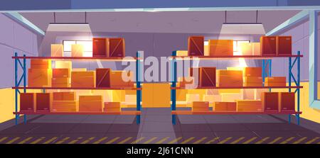 Warehouse interior, logistics. Delivery, cargo, goods postal service. Inner view of storehouse with racks filled boxes on palettes, equipment for stor Stock Vector