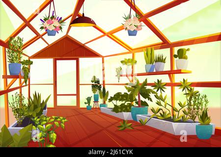 Greenhouse interior with garden inside. Large bright empty orangery with glass walls, windows and wooden floor, place for growing green plants and flo Stock Vector