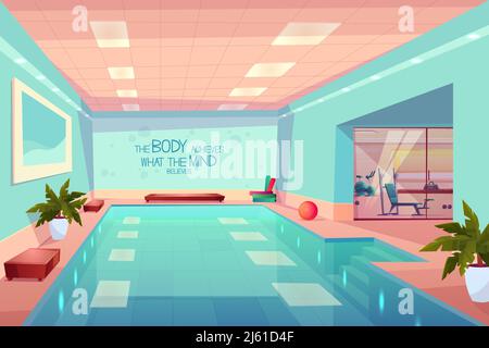 Swimming pool in gym interior, empty sport fitness center with equipment, training apparatus, hotel or resort with luxury room for water and workout e Stock Vector