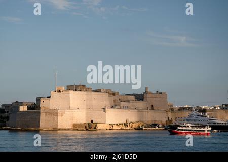 Fort St. Angelo is a bastioned fort in Birgu, Malta, located at the centre of the Grand Harbour. It was originally built in the medieval period as a c Stock Photo