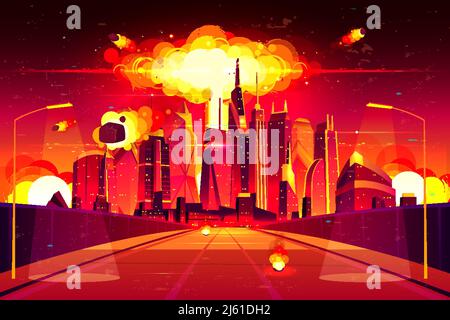 Nuclear explosion in city metropolis. Fiery mushroom cloud of atomic bomb detonation raising under skyscrapers. Burning splinters, destroying town fro Stock Vector
