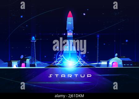 Startup rocket, launch of marketing idea, new company launching . Business development and advanced project. Spaceship flying up to space from earth s Stock Vector