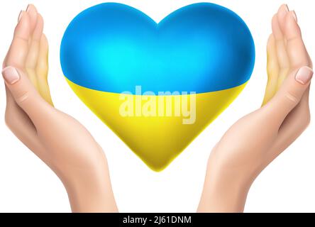 3d realistic vector icon. Ukrainian peace flag in shape of heart with realistic hands holding it. Stock Vector