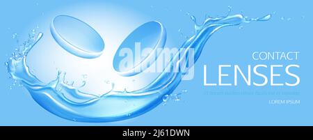 Contact lenses on water splash background, health care ophthalmology equipment for vision disorder correction, couple of blue soft breathable contact Stock Vector