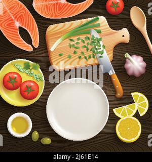 Cooking fish dish flat lay photo composition with chopped young onion on cutting board dark background vector illustration Stock Vector