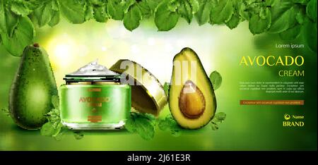 Avocado cosmetics skin care cream. Organic beauty product bottle mockup on green background with tree leaves. Natural eco skincare cosmetic, advertisi Stock Vector