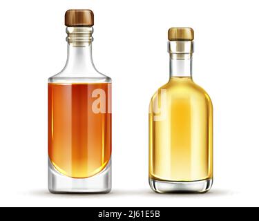 Bottles of tequila, whiskey, bourbon alcohol drinks mock up set , glass flasks with cork and liquid isolated on white background, design elements for Stock Vector