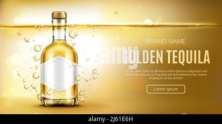 Tequila bottle mock up banner, glass flask with golden liquid and blank label mockup, mexican alcohol drink on gold aqua background with air bubbles a Stock Vector