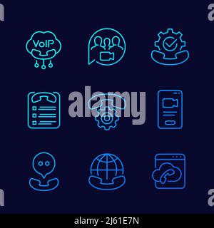 Voip telephony, video call and roaming line icons Stock Vector