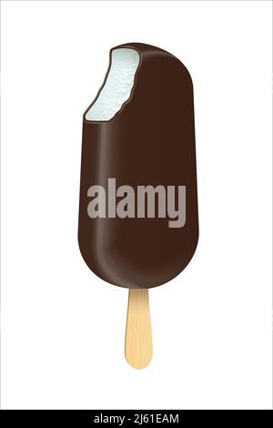 Bitten ice cream Eskimo vector illustration. Popsicles covered with chocolate with wooden stick isolated on white background. Stock Vector