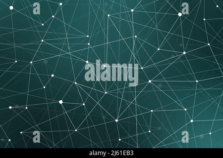 Technology connection abstract lines and dots on dark green background.  Digital data and big data concept with lines and dots. Stock Photo
