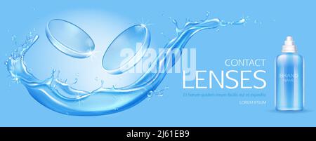 Contact lenses and solution bottle mock up on water splash background, ophthalmology equipment for vision disorder correction, soft breathable contact Stock Vector