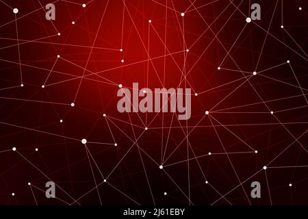 Technology connection abstract lines and dots on red background.  Digital data and big data concept with lines and dots. Stock Photo