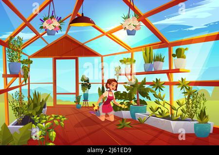 Woman in greenhouse care of garden plants. Girl with shovel in orangery interior with glass walls, windows and wooden floor, place for growing herbs a Stock Vector