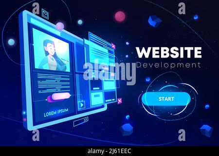 Website development banner, computer technology, monitor with open browser page and woman profile on screen, futuristic background in neon glowing col Stock Vector