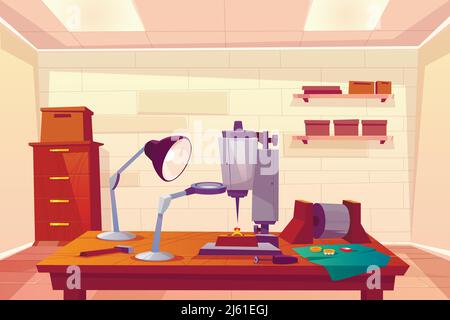 Jeweler workshop, jewelry repair shop cartoon vector interior with goldsmith workplace, boxes on shelves, cabinet, drilling machine tool, jewelry part Stock Vector