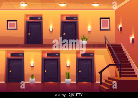 Rooms in hotel corridor with stairs on second floor, empty luxury hotel hallway interior cross section view with numbered doors, lamps, plants and til Stock Vector
