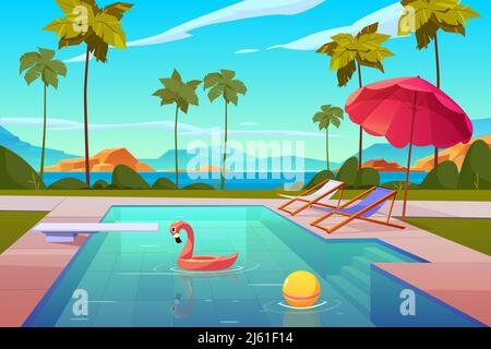 Swimming pool in hotel or resort outdoors, empty poolside with chaise lounges, umbrella, inflatable flamingo and ball in water, exotic beach landscape Stock Vector