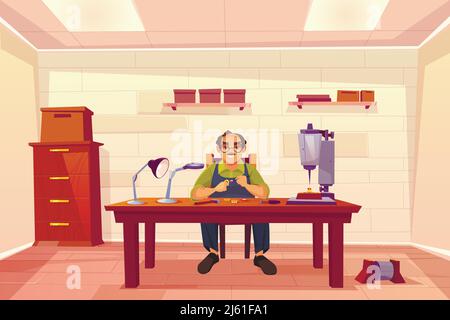 Jeweler working in workshop, goldsmith, jewelry repair shop interior with boxes on shelves, drilling machine tool, gems, magnifying glass and lamp on Stock Vector