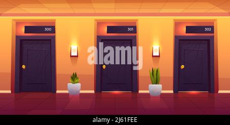 Rooms in hotel corridor, empty luxury hotel hallway interior with closed numbered doors, shining wall lamps, potted plants and tiled floor, motel or h Stock Vector