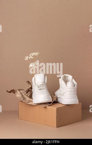 Eco leather shoes. A pair of beige sneakers with dry flowers on brown background. Casual sport lifestyle concept. Stock Photo