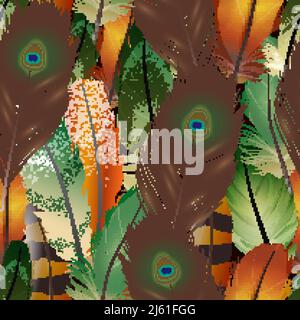 Feathers realistic seamless pattern with colorful bird air feathers vector illustration Stock Vector