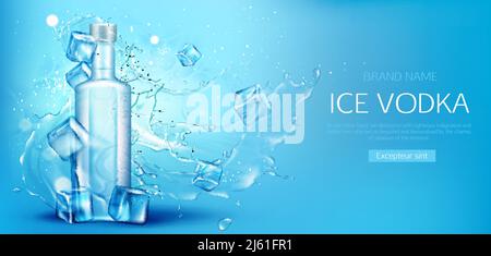 Vodka bottle with ice cubes mockup. Closed glass blank flask with strong alcohol drink mock up on blue water splash and drops background, advertising Stock Vector