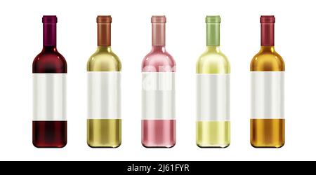 Wine bottles mock up set isolated on white background. Glass flasks with blank label and cork for red, white and rose alcohol vine drinks, design elem Stock Vector