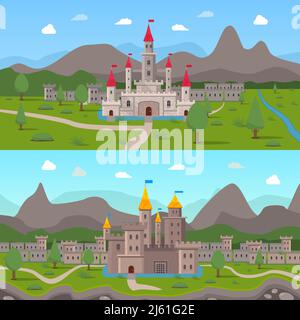 Two horizontal cartoon compositions with medieval ancient castles and fortress walls with loopholes on mountains background flat vector illustration Stock Vector