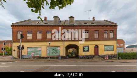 FIOMA, an old abandoned building in the center of Frederissund, Denmark, July 30, 2021 Stock Photo