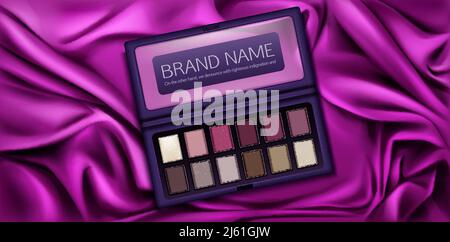 Eye shadow palette set for make up. Eyeshadow kit mockup case with paint samples in vinous, pink, brown, vanilla colors. Top view makeup box on silk d Stock Vector