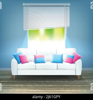 White leather luxury sofa with red and blue decorative cushions in bright neon light realistic vector illustration Stock Vector