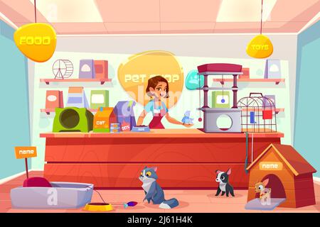 Modern pet shop interior cartoon vector concept. Happy smiling